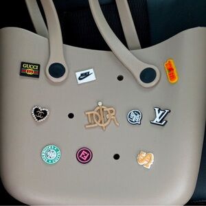 Beige Tote Bag with Designer-Inspired Pins